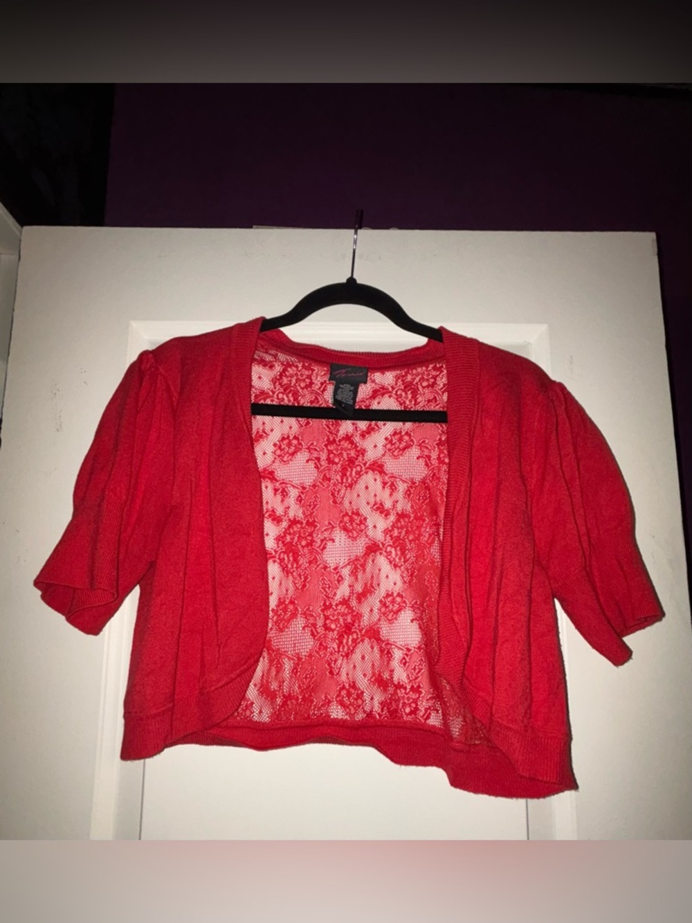 Torrid Womens Open Front Cardigan Size 2x Red lace back shrug